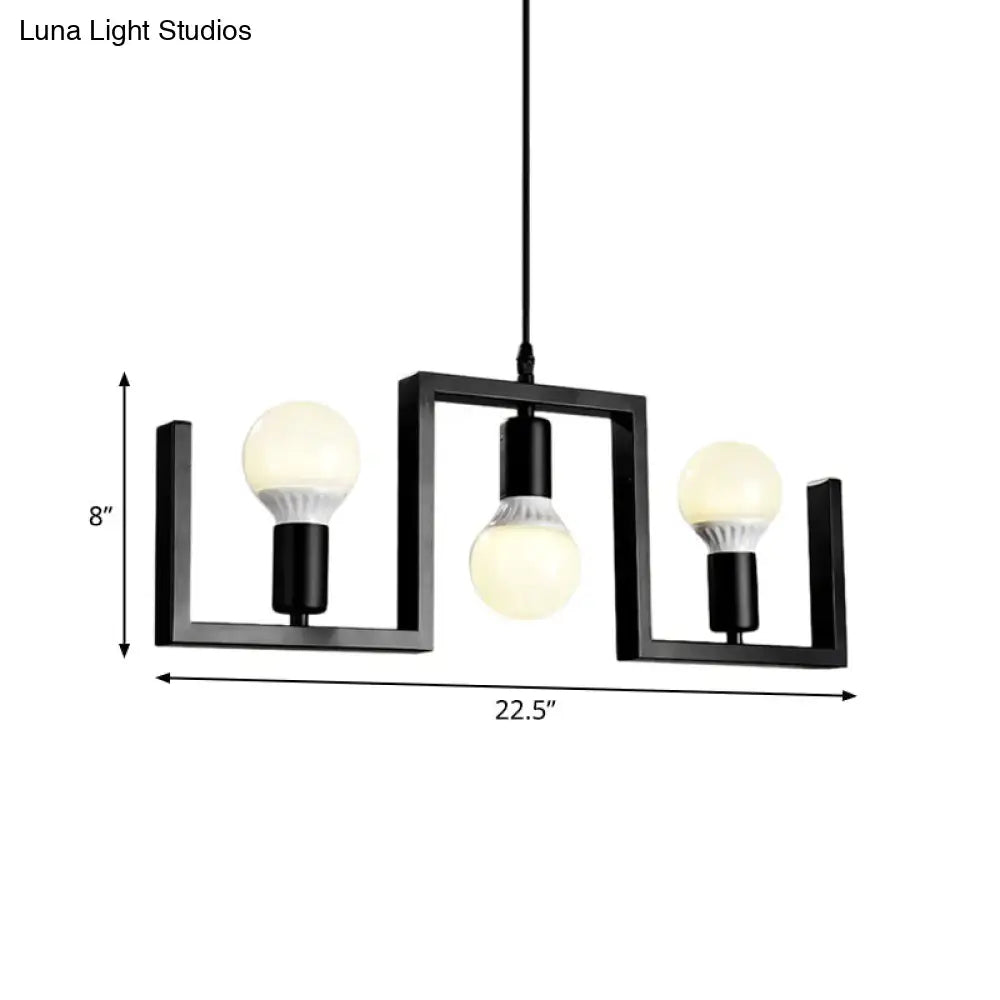 DecorBites™ classic black metal geometric pendant light with three exposed bulbs and metal island fixture width
