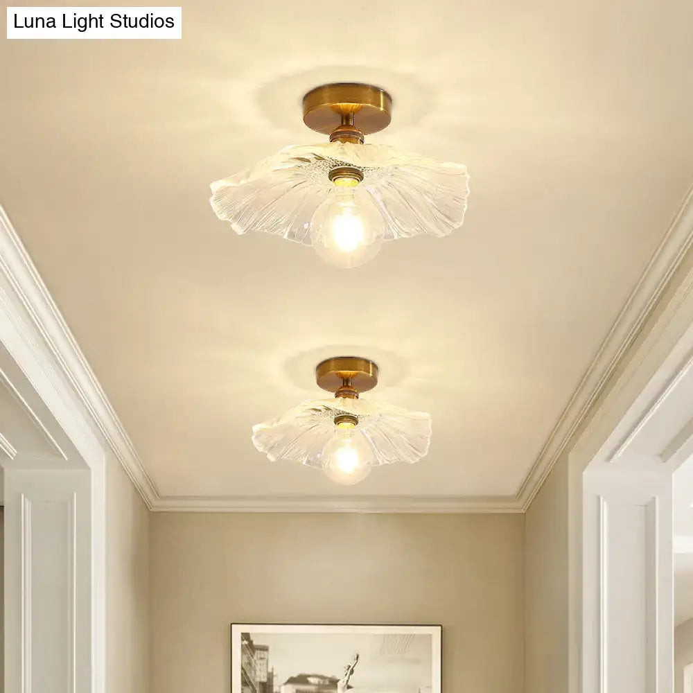DecorBites classic glass ceiling light fixture with brass lamp holder and clear petal-shaped glass shade for corridors