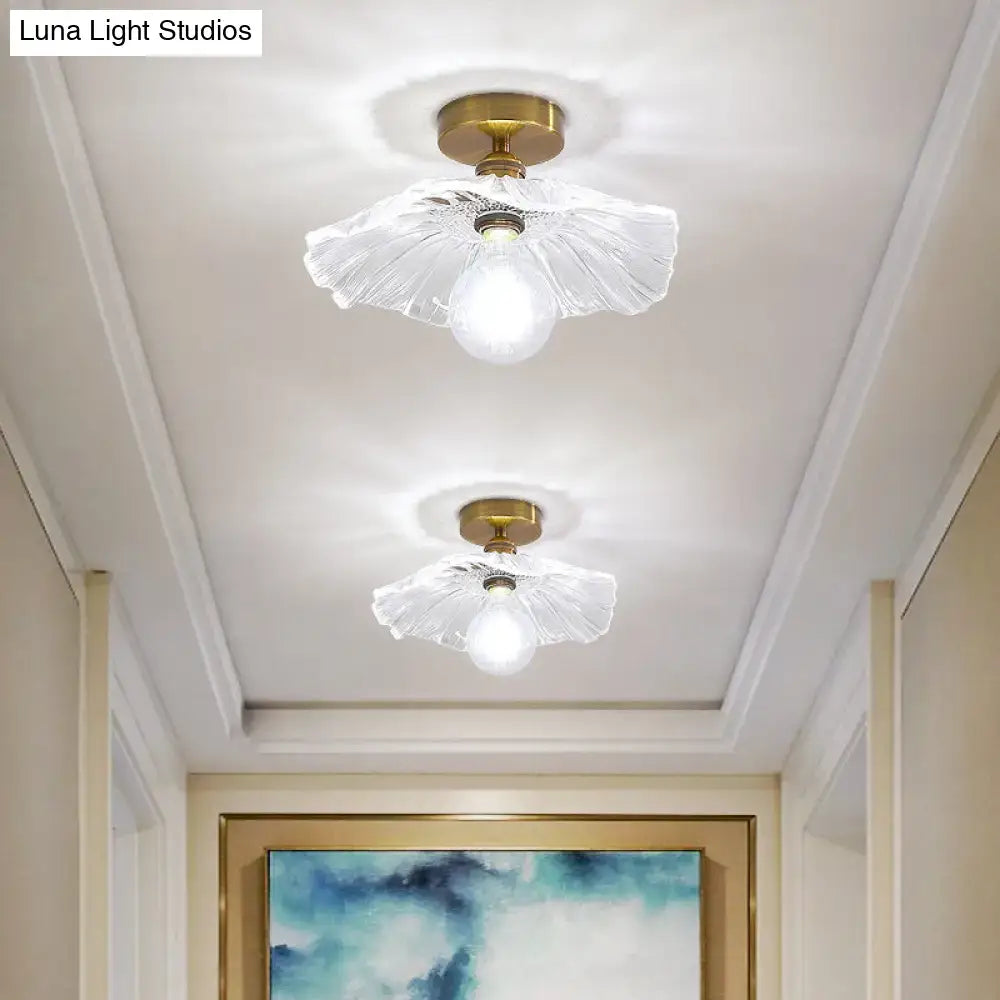 Decorbites classic glass ceiling light with brass lamp holder and clear petal-shaped glass shade for corridors