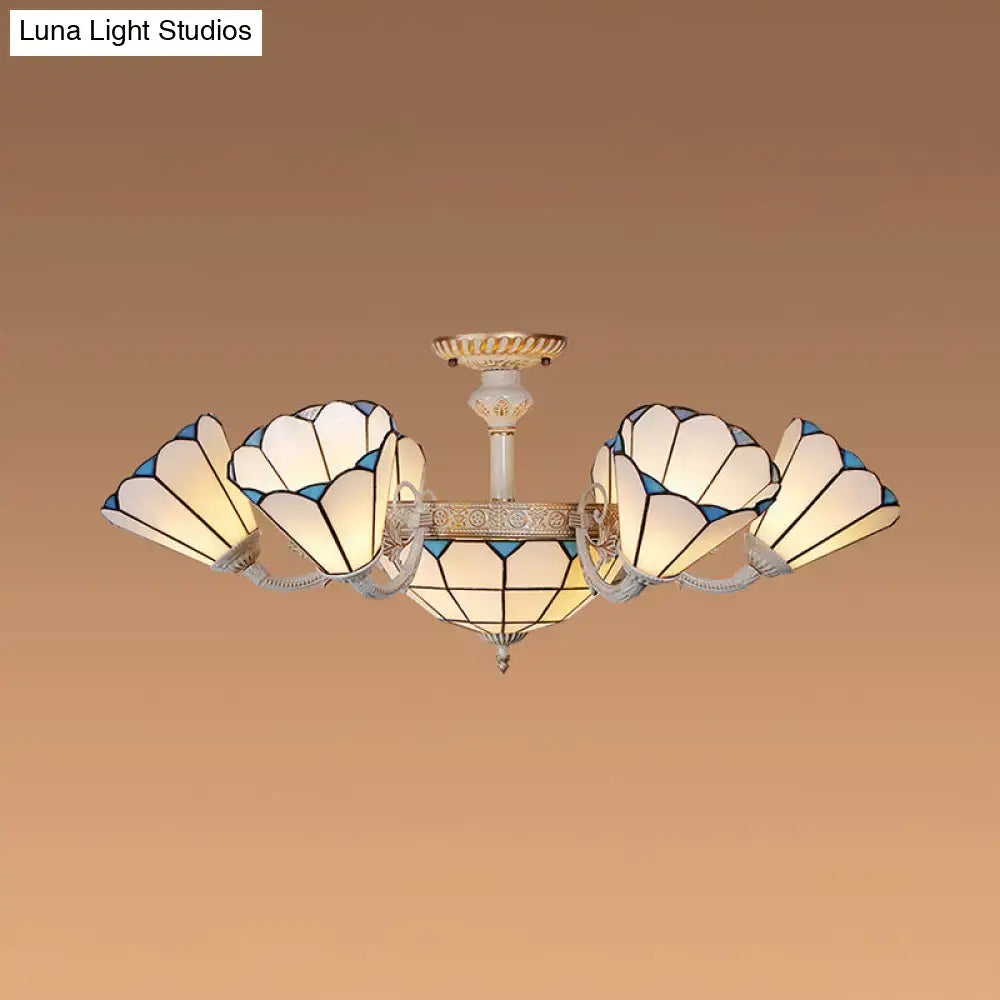 DecorBites™ classic multi light chandelier ceiling light with five cream and blue white glass shades and gold metal frame