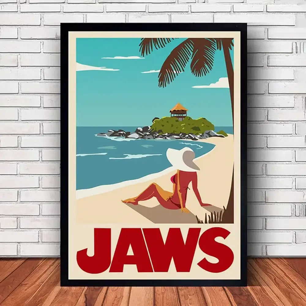 Black-framed vintage-style jaws movie poster canvas featuring a woman in red swimwear on a tropical beach