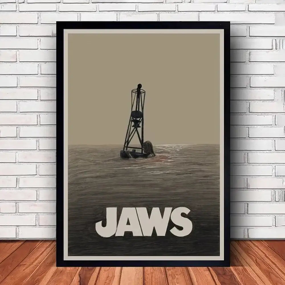 DecorBites™ classic jaws movie poster canvas wall art with black frame and minimalist lighthouse illustration