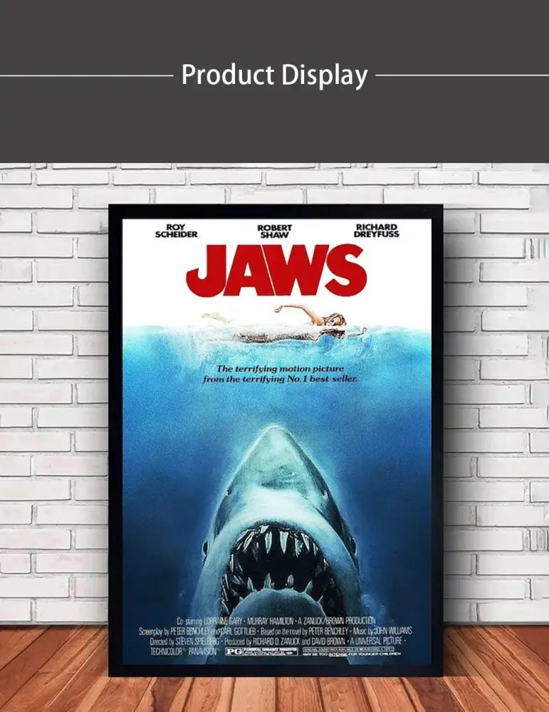 DecorBites™ classic JAWS movie poster canvas wall art with black frame features menacing shark and iconic red title
