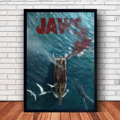DecorBites™ classic jaws movie poster canvas wall art in black frame features boat in turbulent teal water with red blood trails