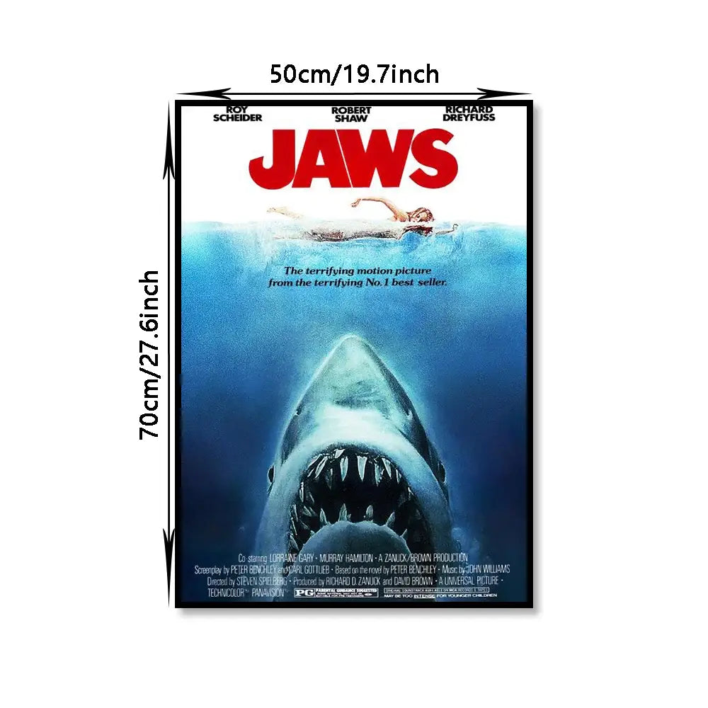 Decorbites™ classic jaws movie poster canvas wall art featuring a blue and white shark with sharp teeth and bold red title