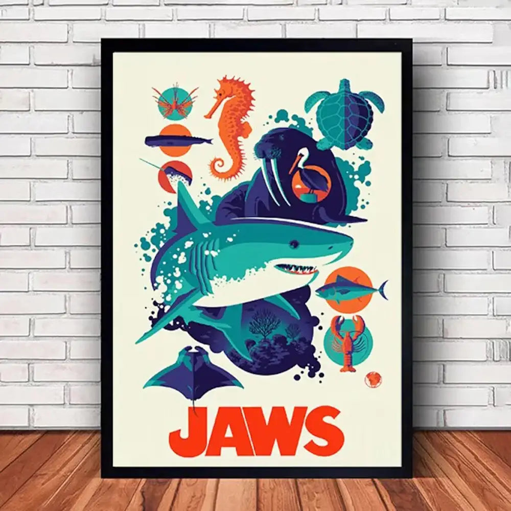 DecorBites™ classic Jaws movie poster canvas features a turquoise shark with orange and teal sea creatures on off-white background