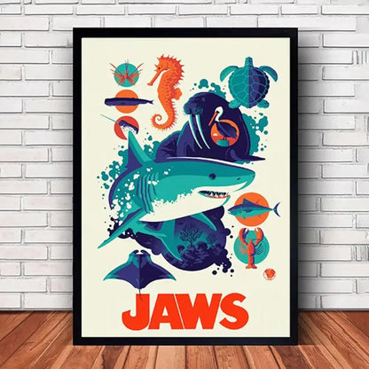 DecorBites™ classic Jaws movie poster canvas features a turquoise shark with orange and teal sea creatures on off-white background