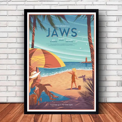 A framed vintage-style jaws movie poster canvas featuring a beach scene with palm trees and an orange umbrella