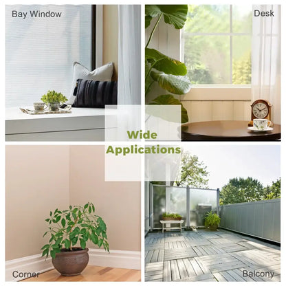 The DecorBites™ classic tall plant stand set features a versatile design shown in bay window, desk, corner, and balcony settings