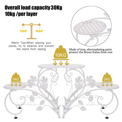 White wrought iron classic tall plant stand with floral and leaf motifs featuring three tiers for indoor outdoor use