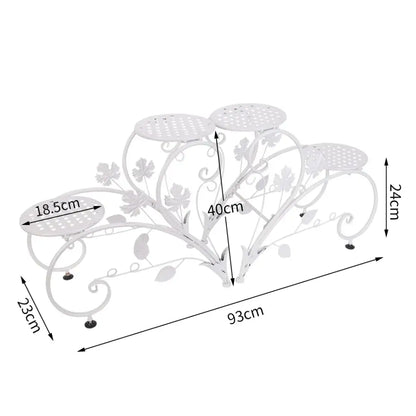 White metal classic tall plant stand with floral vine designs and four perforated circular shelves for indoor outdoor use