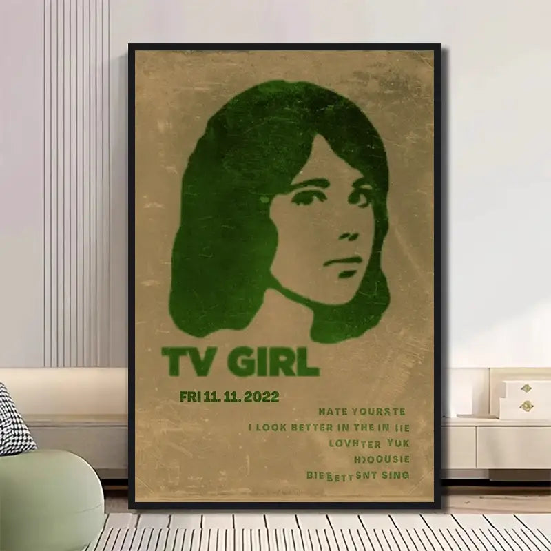A framed decorbites classic tv drama girl art poster canvas featuring a vintage green silhouette on beige background