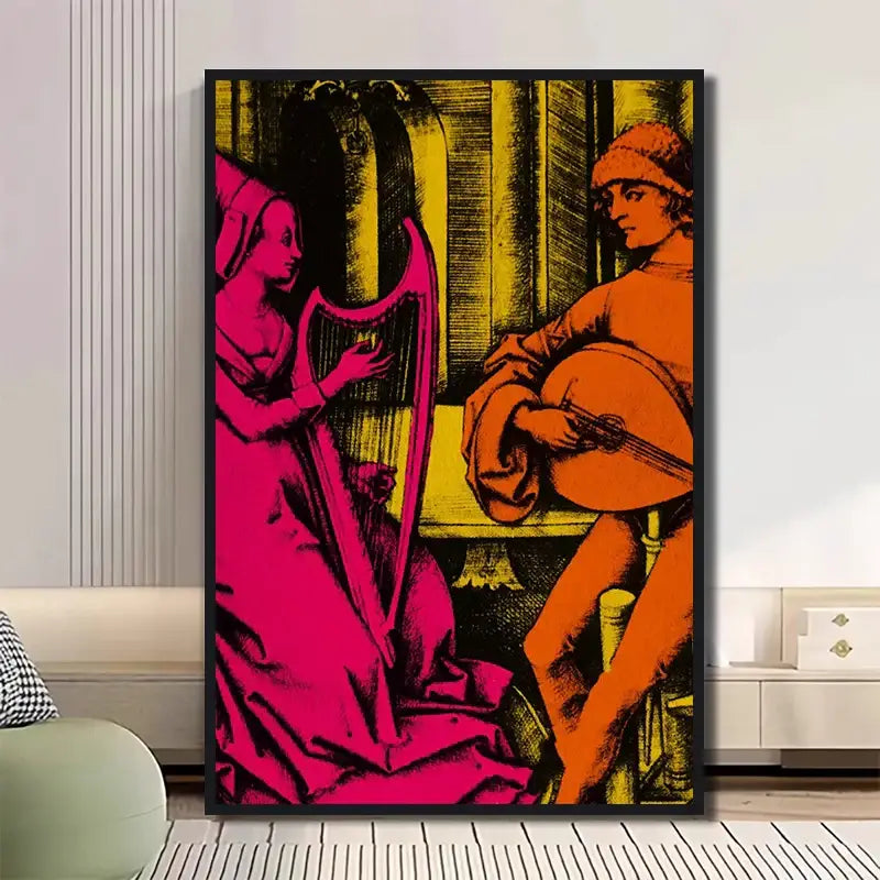 Vibrant pop-art girl art poster canvas with magenta and orange figures on yellow background for classic tv drama decor