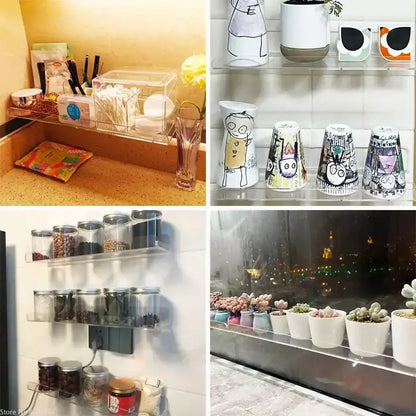 DecorBites clear acrylic wall mounted spice racks with silver metal edges holding glass jars of dried goods