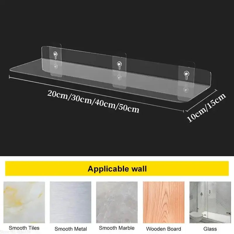 Decorbites clear acrylic wall mounted shelf organizer with three adhesive mounts and dimensions 20-50cm by 10-15cm