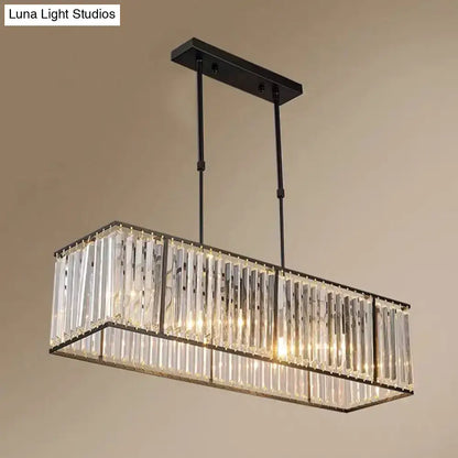 Rectangular island pendant light with clear crystal rods in black metal frame ideal for living room ceiling