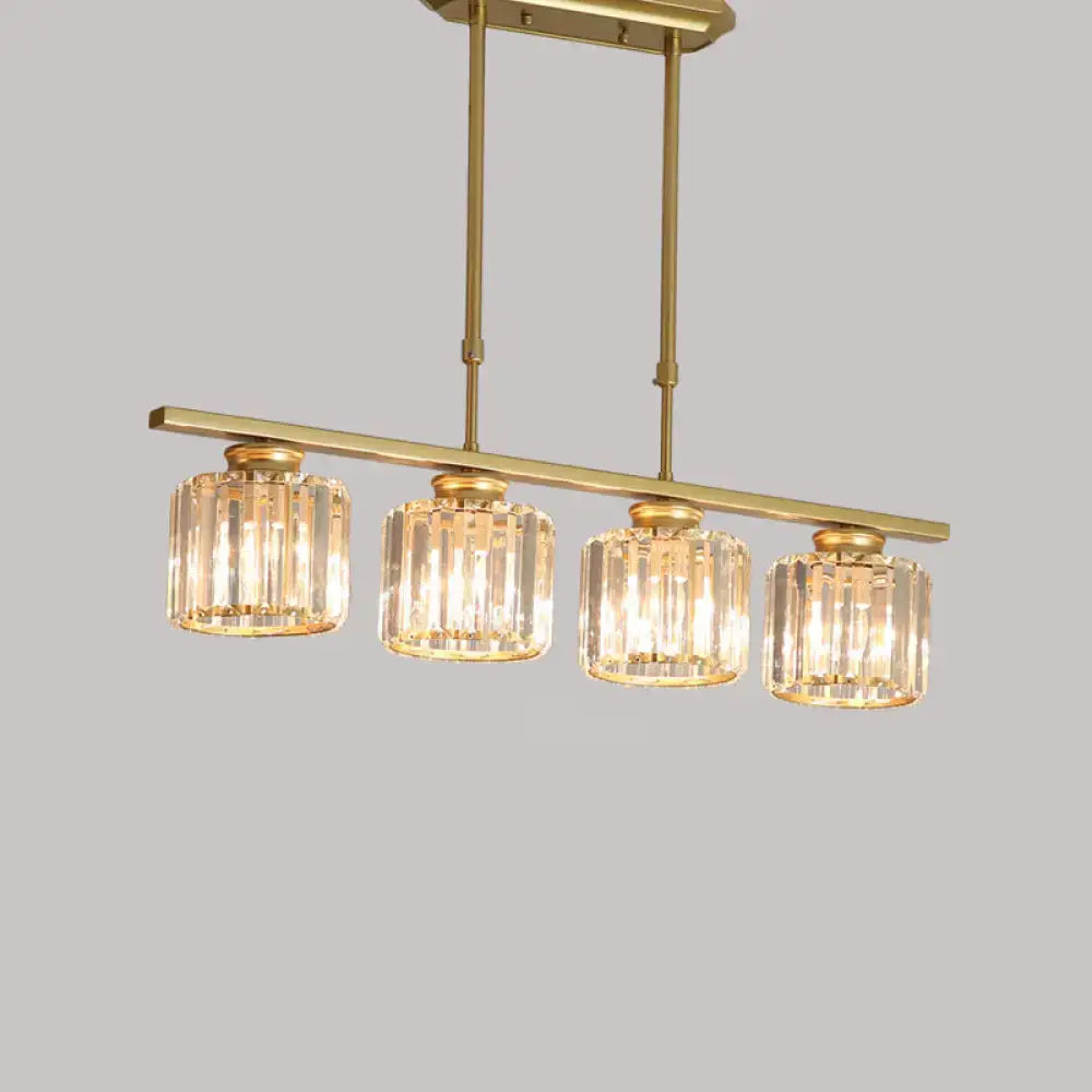 Gold-toned DecorBites clear crystal island light with four cylindrical country cylinder hanging shades for dining room