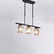 Black metal pendant island light with three clear crystal country cylinder hanging glass shades for dining room