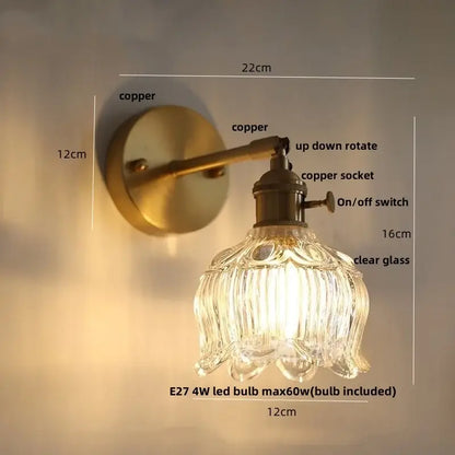 Decorbites clear flower glass wall lamp with antique brass-finished copper and clear ribbed glass shade for bedroom