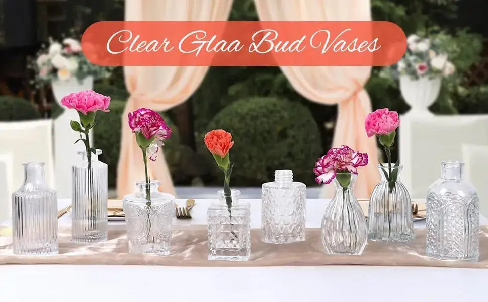Decorbites clear glass bud vase bulk set featuring clear glass bud vases with intricate etched patterns holding colorful carnations