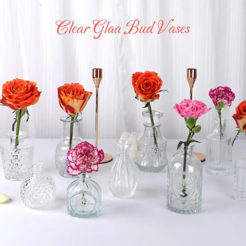 Decorbites clear glass bud vase bulk set featuring textured clear glass bud vases each holding a vibrant flower