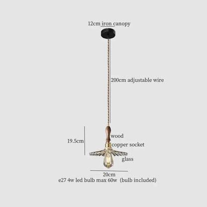 Vintage-style decorbites clear glass led pendant light with brass accents, wooden details, and adjustable copper wire canopy