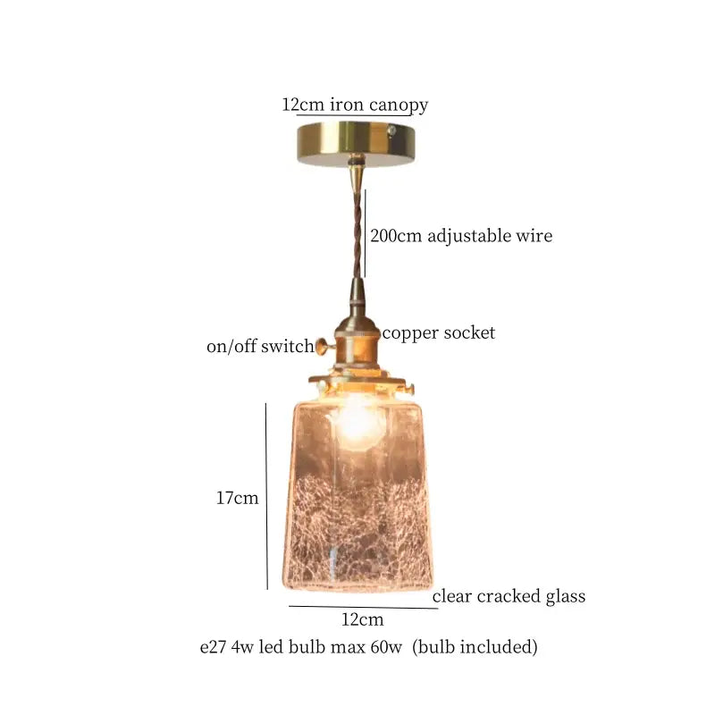 Vintage-style decorbites clear glass led pendant light with cracked glass shade brass canopy and copper socket for bedroom