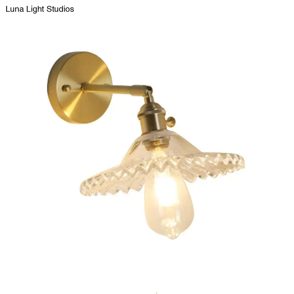 Industrial brass clear glass wall sconce with scalloped shade and exposed e26 e27 bulb for living room lighting