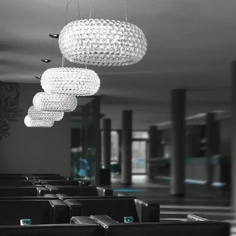 Clear bubble-like crystal pendant lights with a modern tiered design in decorbites clear gold acrylic for living room chandelier
