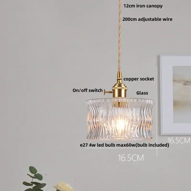 Decorbites clear leaf gold textured glass pendant light with wavy design and brass copper socket for dining room