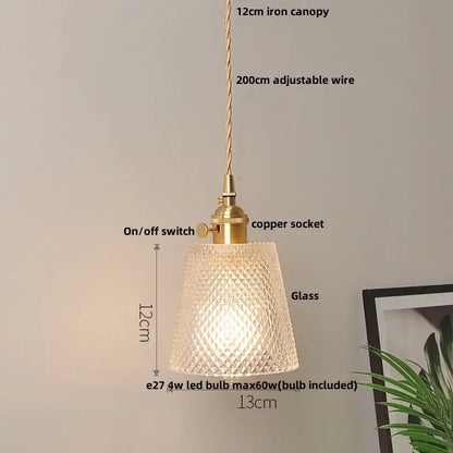 Decorbites clear leaf gold textured glass pendant light with brass iron canopy and copper socket for dining room
