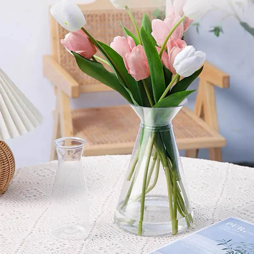 DecorBites clear nordic plastic vase with flared rim holding pink and white tulips for hydroponic flowers