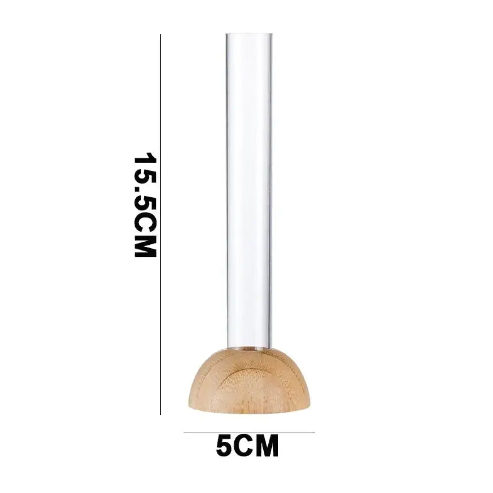 Decorbites™ clear vase with bamboo base is a 15.5cm tall hydroponic vase with a light brown wooden base
