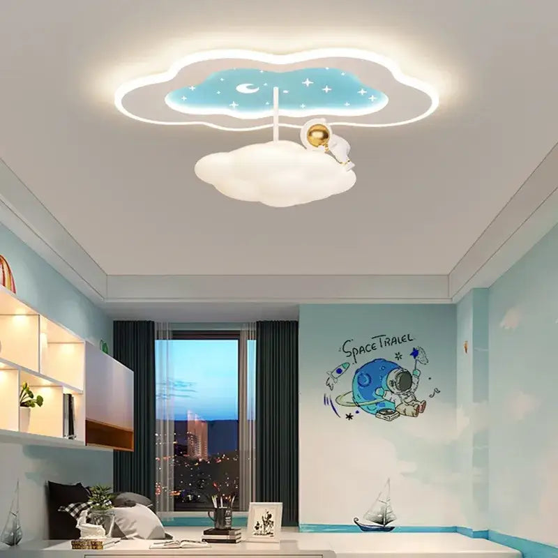 Decorbites cloud airplane chandelier featuring a blue starry sky design and white astronaut figure for bedroom lighting