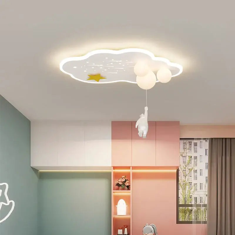 Whimsical decorbites cloud airplane chandelier with a white cloud light, glowing yellow star, and bear figure for bedroom use