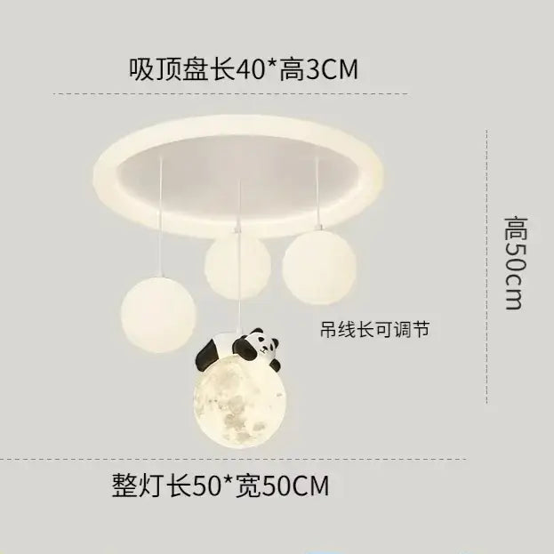 White circular ceiling light featuring decorbites cloud bubble ball design with three spherical bulbs and panda moon pendant