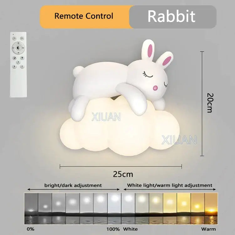 A soft white plush rabbit shaped led night light with adjustable brightness on a cloud base decorbites cloud bunny lamp
