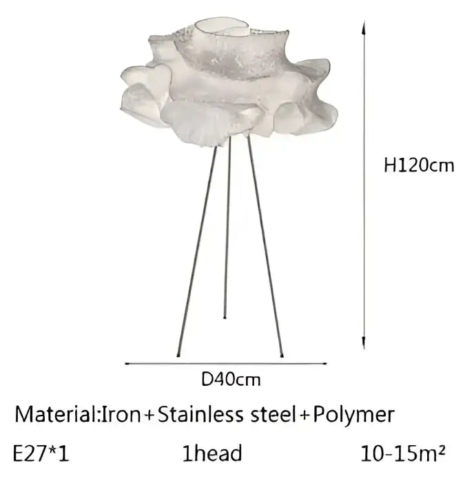 A sculptural cream decorbites cloud chandelier pendant light with a ruffled flower-like shade on slender metal legs