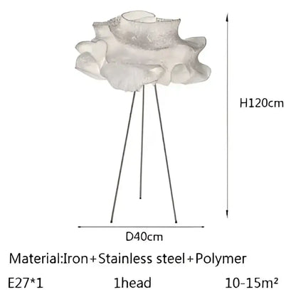 A sculptural cream decorbites cloud chandelier pendant light with a ruffled flower-like shade on slender metal legs