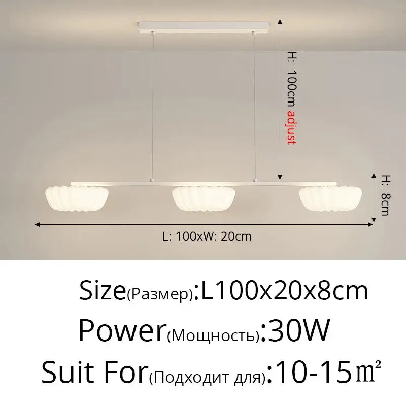 Decorbites cloud cookie led chandelier with three white fluted glass shades and a sleek rectangular metal frame
