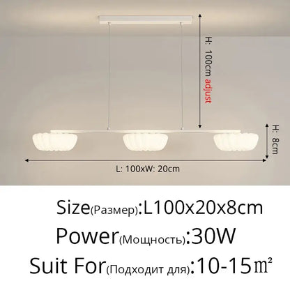 Decorbites cloud cookie led chandelier with three white fluted glass shades and a sleek rectangular metal frame