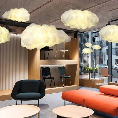 Soft glowing white decorbites cloud cotton pendant light shaped like clouds hanging from ceiling for living room