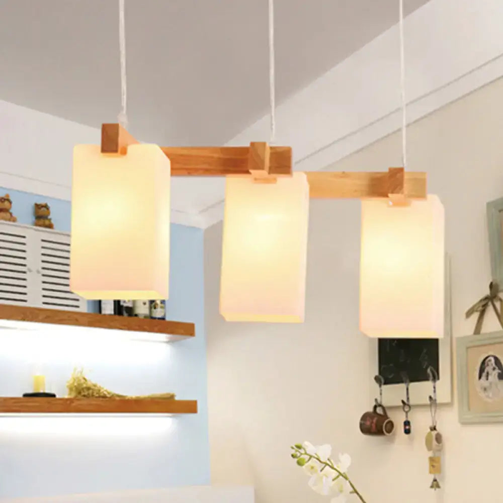 DecorBites cluster pendant kitchen lamp with warm wood frame and white glass shade in modern design with 3 bulbs