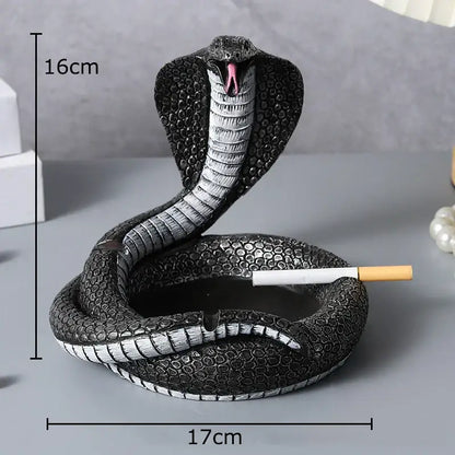 Black and silver cobra ashtray with detailed scales and pink tongue made of resin decorbites cobra ashtray office accessory