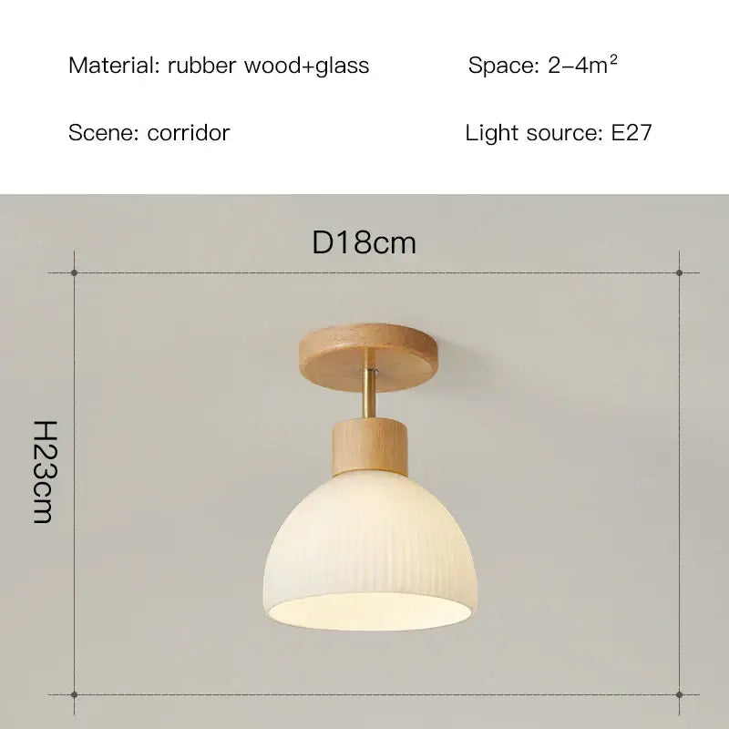 Minimalist ceiling chandelier with warm off-white ribbed glass shade and natural rubber wood accents by decorbites coco wood glass
