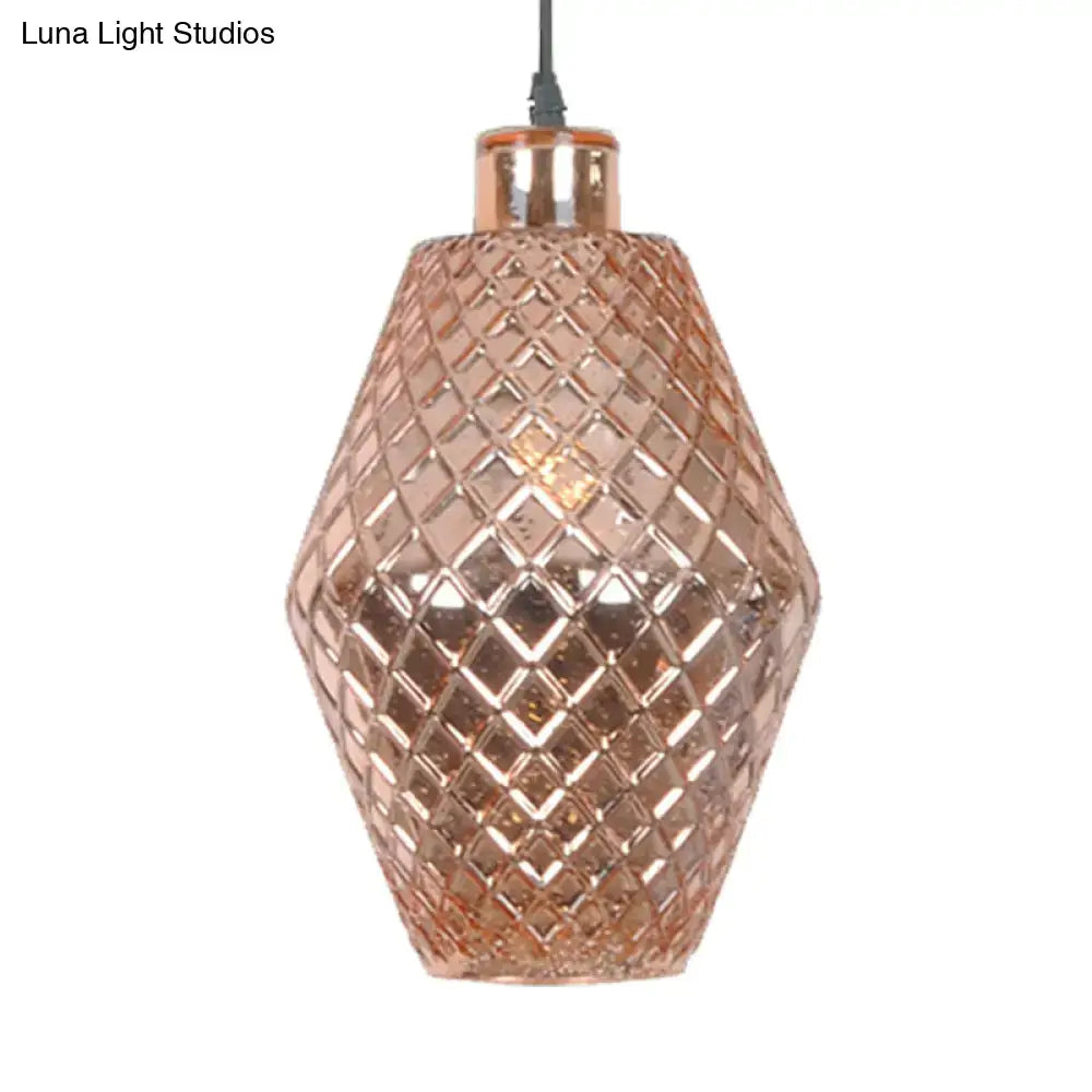 DecorBites colonial copper gold glass jar pendant light fixture with rose gold textured diamond-patterned surface