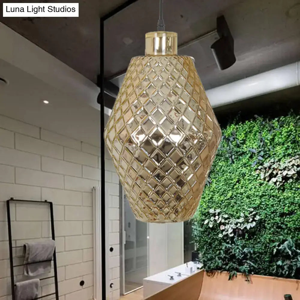 Decorbites colonial copper gold glass jar pendant light fixture with diamond-patterned glass and metallic top hanging light fixture
