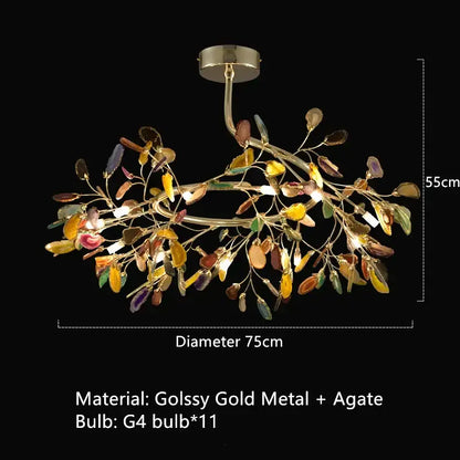 Decorbites colorful agate chandelier with golden metal arms and multicolor agate slices for dining room and bedroom