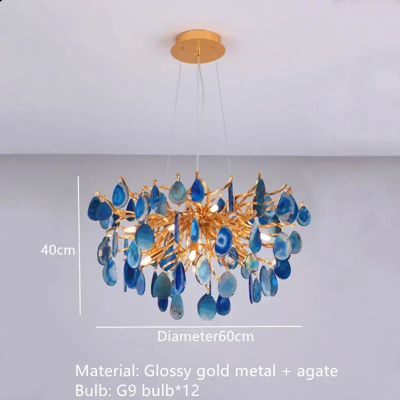 Elegant decorbites colorful agate chandelier with blue agate and glossy gold metal arms for dining room and bedroom
