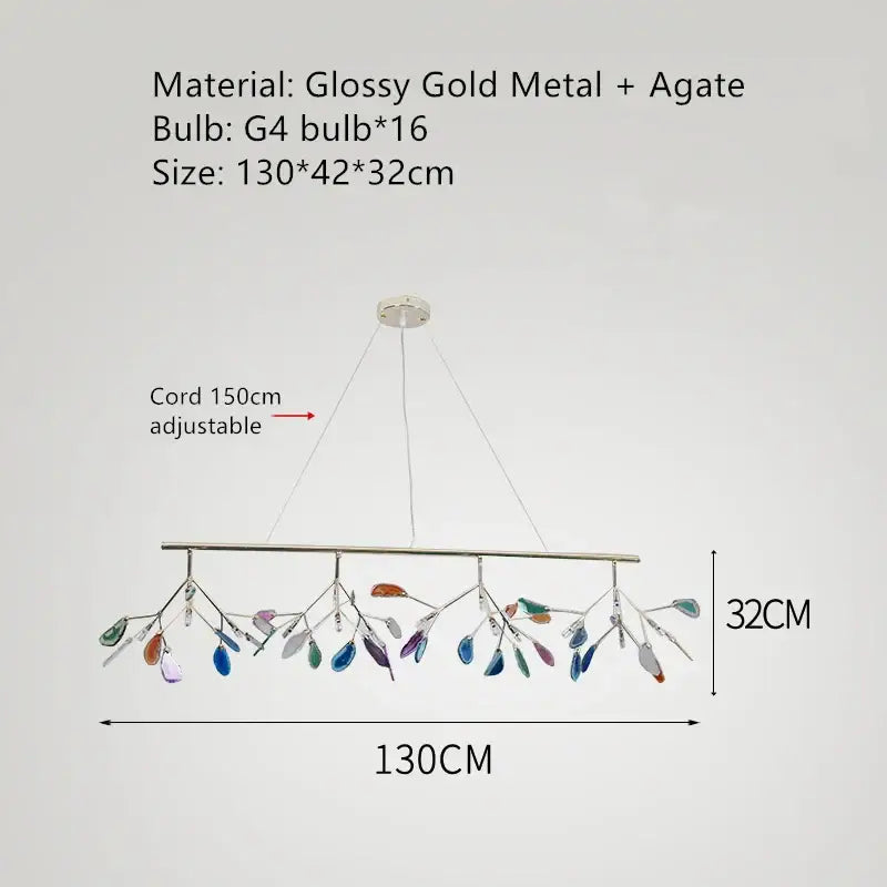Glossy gold metal decorbites colorful agate chandelier with colorful leaf-like agate pendant charms for dining room